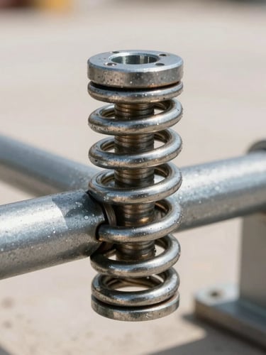 Macro close-up of a heavy-duty steel torsion spring on a garage door shaft, natural bright Utah daylight, clean metallic textures.