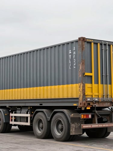 Industrial logistics in action, a clean heavy-duty transport vehicle loaded with neatly organized steel containers, crisp overcast daylight, desaturated slate tones with safety yellow accents, sharp focus, 35mm