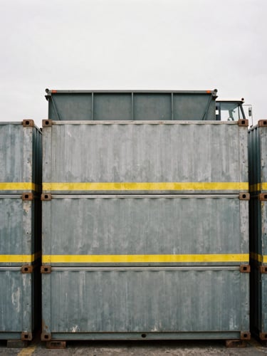 Industrial clean sorting facility with neatly stacked metal containers and a heavy transport vehicle in the background, overcast day, desaturated colors with yellow safety accents, 35mm photography