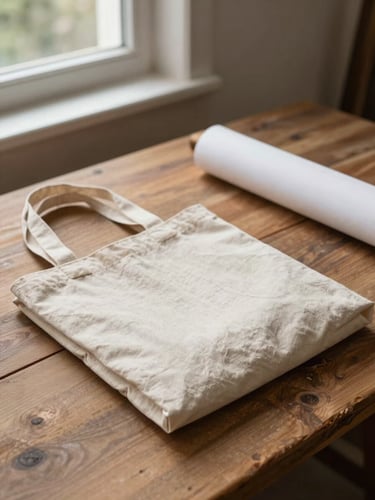Close environmental shot of a folded linen tote and a rolled canvas poster on a worn wooden workbench, natural north-facing window light, walnut grain visible in the table surface, no people, warm cream and earth tones