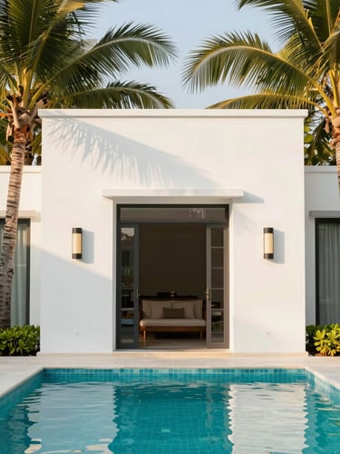 Bright architectural photography of the entrance of Jasmine Pool Villa, warm golden-hour tropical light, pristine white walls and lush palm shadows, medium format