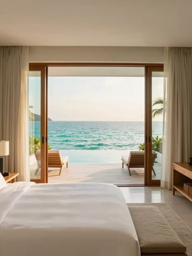 Bright architectural photography of a luxury bedroom in Koh Samui, warm golden-hour light streaming through open glass doors, crisp white linens, minimalist teak wood furniture.