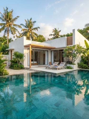 Bright architectural photography of Jasmine Pool Villa, crisp white minimalist walls, shimmering turquoise pool reflecting the sky, lush green palm trees, medium format.