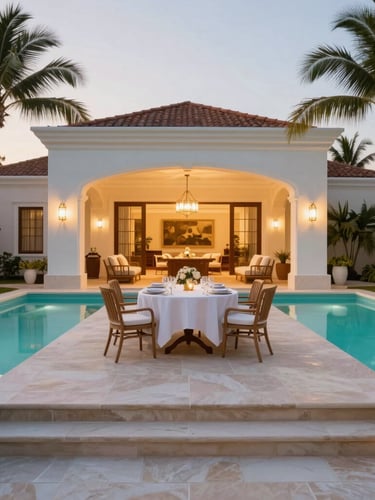 Straight-on architectural shot of the outdoor living area at dusk, warm lighting, elegant table setting, steps from the private turquoise swimming pool, palm trees whispering in the evening breeze