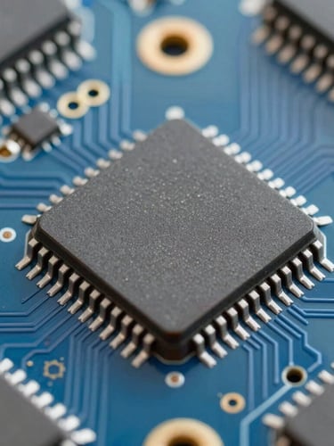 Macro photograph of a secure microchip on a blue circuit board, bright daylight, sharp focus on technical details
