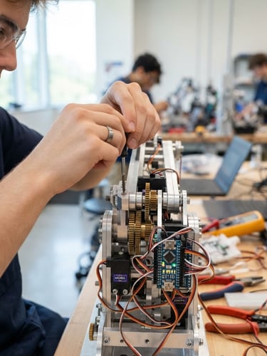 Macro technical photography of a high school student assembling a metallic robotic arm chassis, bright neutral daylight, crisp focus on microcontrollers and gears