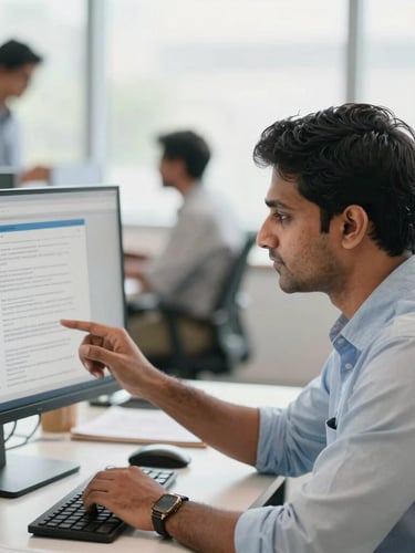 Medium close-up of a professional Indian CA in a modern, brightly lit office, reviewing digital tax documents on a large monitor, with a blurred background of a collaborative workspace, natural office daylight.