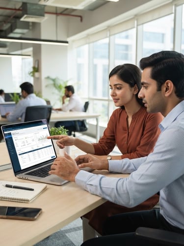 Bright, modern Indian workspace in Bengaluru, clean desk with a laptop displaying a digital tax portal, professional hands collaborating, natural office daylight, sharp focus.