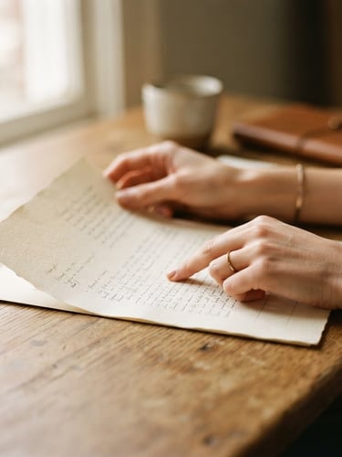 Close-up of elegant hands reviewing a document on a warm wooden desk, soft natural window light, shallow depth of field, minimalist composition, 35mm