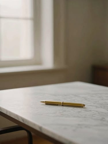 Elegant quiet office interior, a minimalist marble table with a single brass pen, soft diffused daylight, warm tones, shallow depth of field