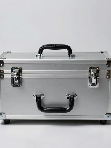 Straight-on eye-level studio shot of a secure, locked aluminum transport case on a sterile white surface, clinical lighting, soft shadows