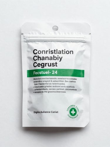 Flat-lay overhead shot of clinical medical cannabis packaging on a sterile white surface, bright even lighting, sharp focus, no shadows, presenting clear regulatory labeling.