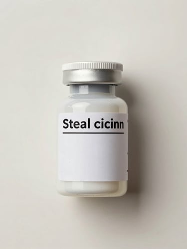 Straight-on flat-lay of a sealed, white medical cannabis container with a clean prescription label, set against a sterile warm-white background under bright, even clinical studio lighting.