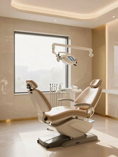 Elegant interior of a modern luxury dental clinic in Bengaluru, warm alabaster walls, soft champagne gold accents, sunlit treatment bay with a high-end ergonomic chair, large window with diffused light, 35mm photography