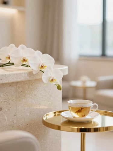 Close-up of a serene reception lounge at a luxury dental clinic, soft warm lighting, travertine stone details, fresh white orchids, a porcelain cup of herbal tea on a gold-rimmed side table, shallow depth of field