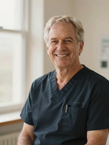 Professional editorial portrait of a senior orthodontic specialist, warm confident smile, wearing elegant dark clinical attire, bright natural side lighting, soft neutral background, shallow depth of field