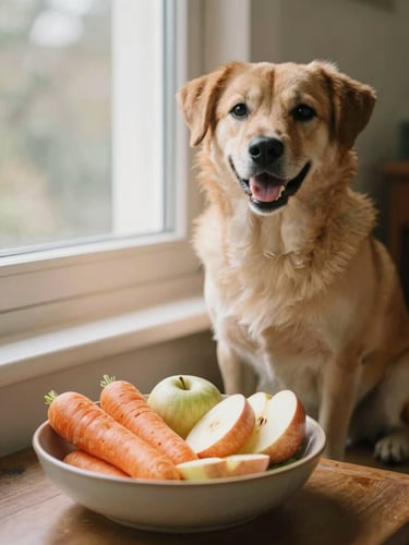 A healthy happy dog sitting patiently next to a ceramic bowl filled with fresh colorful ingredients like sliced carrots and apples, soft warm window light, editorial photography style