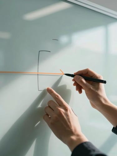Cinematic close-up of hands mapping a workflow on a glass whiteboard, sharp corporate lighting casting geometric shadows, 35mm