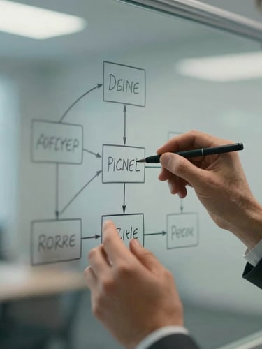 Tight cinematic macro shot of an executive's hands mapping out a complex organizational framework on a glass whiteboard, shallow depth of field, cool office light.