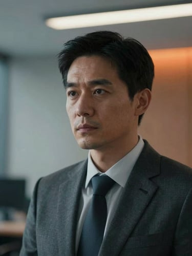 Candid close-up of a serious male executive in a charcoal suit looking thoughtfully off-camera, cool-toned ambient office light with a warm orange highlight, shallow depth of field.