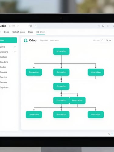 A clean modern software interface displaying structured workflow charts and Odoo dashboards, bright daylight, professional teal tones