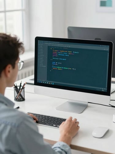 Over-the-shoulder shot of a developer writing clean Python code for an Odoo module, Odoo dashboard visible on a modern monitor, bright daylight, professional workspace.