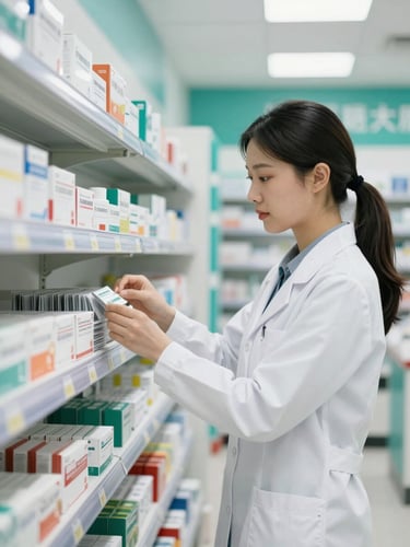 Medium shot of a professional pharmacist in a clean white coat carefully organizing genuine medicine packages on a shelf, bright indoor retail lighting, teal accents, 35mm