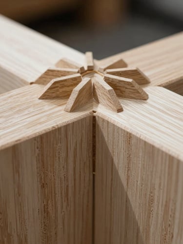Extreme macro detail of a splined miter joint in white oak, highlighting the precise wood grain alignment and natural oil finish, side-lit.