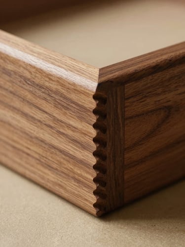 A portrait-oriented close-up of a splined corner join on a solid walnut frame, natural side-light accentuating the tight wood grain and precise miter cut, resting on a warm plaster surface.