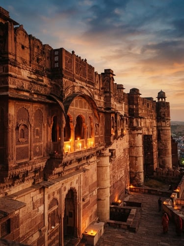 Dramatic wide shot of a historic Rajasthani desert fortress wall at golden hour, with intricate jali work and a few candles lit, expansive sky, warm editorial photography, 35mm