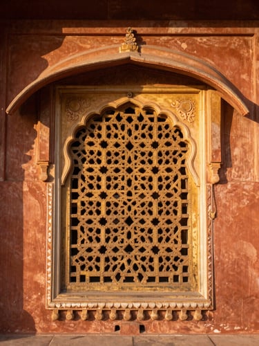 Close-up portrait of an intricate jali (stone lattice) window at a historic Rajasthani palace, golden hour light casting dramatic shadows, rich terracotta tones.