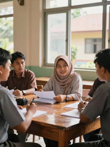 A bright classroom in Kibin, where local Indonesian teachers are actively collaborating around a wooden table, warm daylight streaming through the windows, 35mm professional photography.