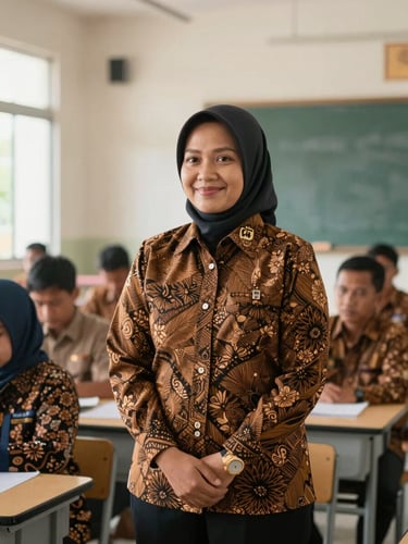 Medium shot of an Indonesian teacher in a batik PGRI uniform standing proudly in a bright, modern classroom, warm morning light, professional civic style, 35mm lens