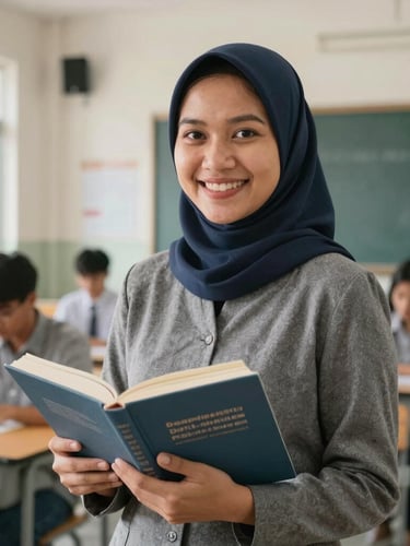 A clean medium portrait of a female Indonesian teacher smiling warmly, holding a book in a bright modern classroom, 35mm lens, authentic editorial style