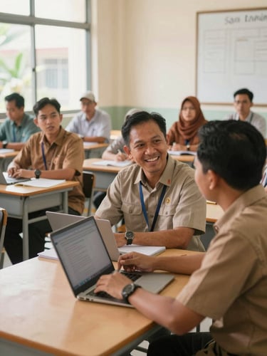Medium shot of Indonesian teachers in a bright classroom workshop, warm natural daylight, active collaborative engagement, professional civic style, 35mm lens