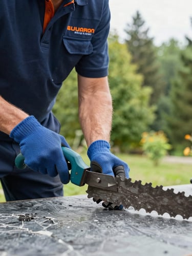 Close-up of a professional landscaper in clean branded gear sharpening a heavy mower blade in a workshop, bright daylight.
