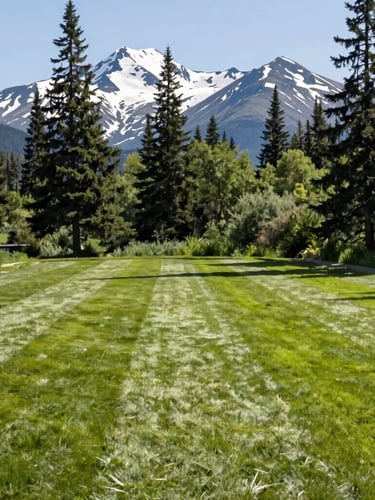 Wide environmental shot of a perfectly striped lawn in Anchorage, sharp-edged borders, towering spruce trees and snow-capped Chugach mountains in the background, bright northern daylight.
