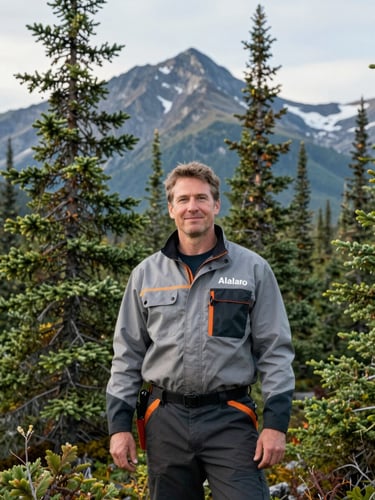 A portrait of a professional Alaskan landscaper in clean branded gear, standing in front of towering spruce trees and mountains under crisp morning light.