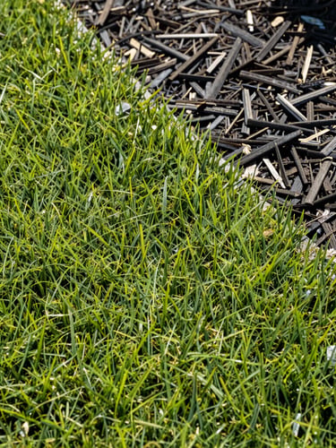 Low-angle close-up of a razor-sharp lawn border cutting cleanly between rich green turf and fresh dark mulch, bright morning light, crisp focus, 35mm lens.