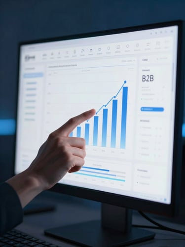 Close-up of a B2B strategist analyzing a high-contrast growth dashboard on a monitor, cool blue accent lighting, shallow depth of field