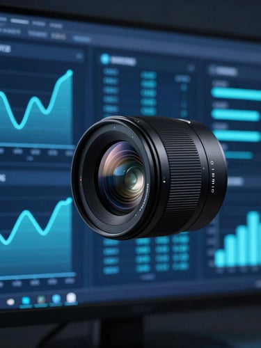 Sleek high-contrast data visualization on a dark screen, neon blue and cyan glowing charts, professional corporate tech environment, 35mm lens