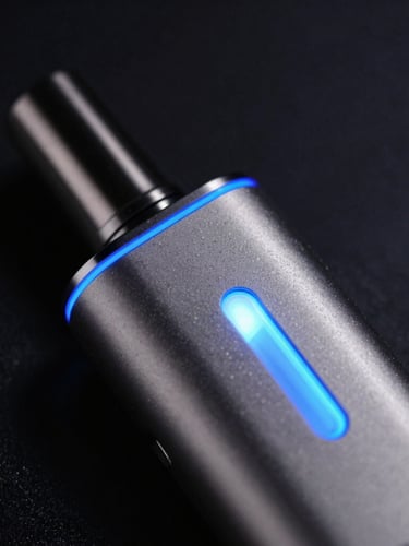 Macro close-up of a sleek metallic vape device with glowing neon blue LED indicator lights, dark obsidian background, dramatic studio lighting