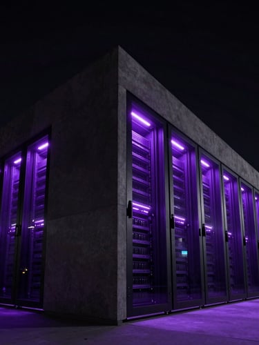 Low-key dramatic architectural shot of a modern data center exterior with sharp purple LED highlights on obsidian concrete walls, wide angle, high contrast, 35mm lens.