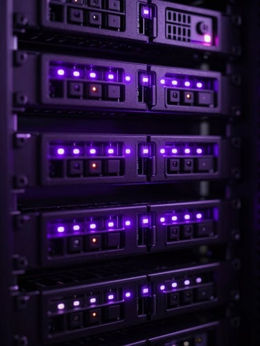 Extreme macro close-up of a high-performance server rack in a dark data center, illuminated by sharp violet and deep purple LED indicator lights, high contrast, sharp focus