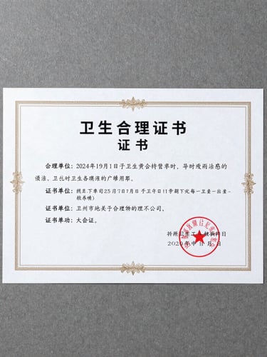 Clean flat-lay of an official sanitary compliance certificate with official stamps, crisp daylight, straight-down framing, minimal slate gray background