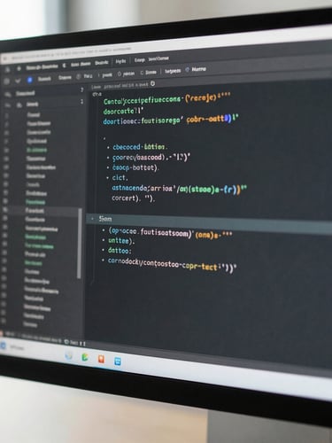 A sharp macro photograph of a clean code editor with actual syntax on a monitor, cool natural office light, desaturated slate and mint tones, 35mm
