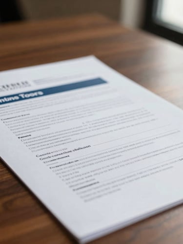 Close-up of structured financial documents and corporate contracts on a dark wooden table, warm side lighting, professional editorial photography