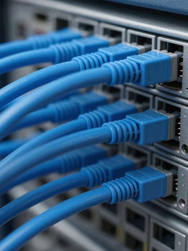 Macro shot of organized blue fiber optic cables cleanly terminated into a server rack, cool daylight, sharp focus, 35mm