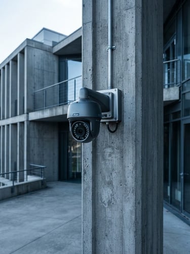 Sharp technical photography of a modern building exterior with a high-definition CCTV camera cleanly mounted on a concrete pillar, cool daylight, 35mm