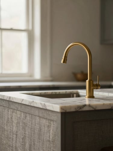 Close-up of a kitchen island featuring mitred marble edges and a brushed brass faucet, soft natural light, linen and charcoal tones.